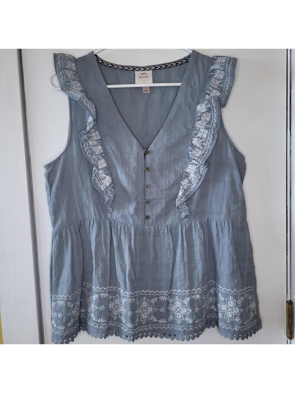Knox Rose ruffled shoulders, white embroidery and a button-front design blue LG